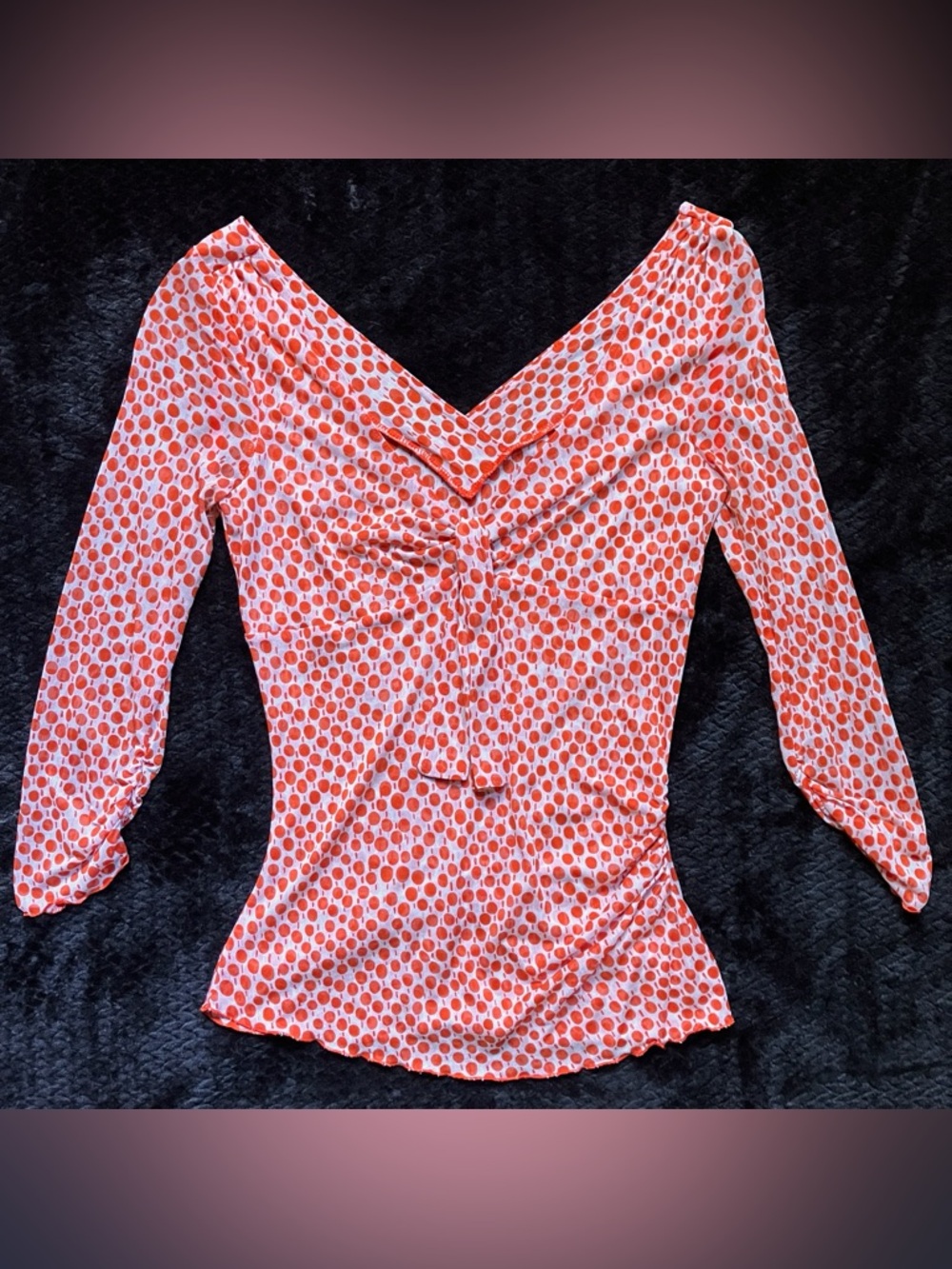 Vtg Y2K DVF Diane Von Furstenberg Red Polka Dot Silk Mesh Ruched Blouse Top S